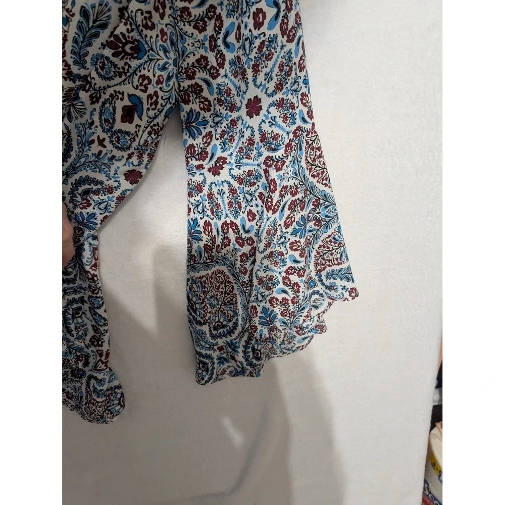 Cato Womens XL Paisley Floral Bell Sleeve Blouse Blue Burgundy Tie Neck Top